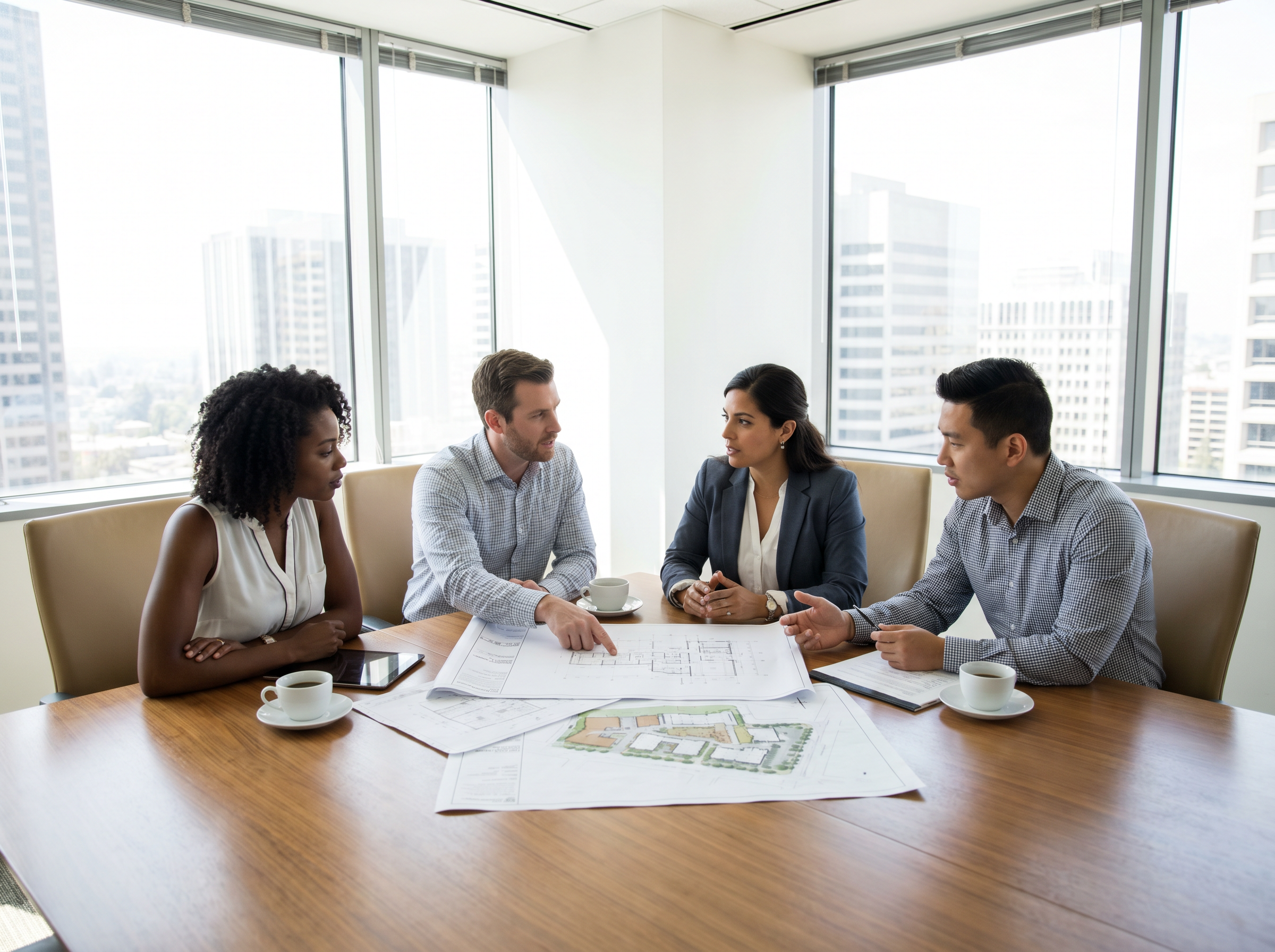 Diverse group of four people meeting at a conference table reviewing housing construction plans