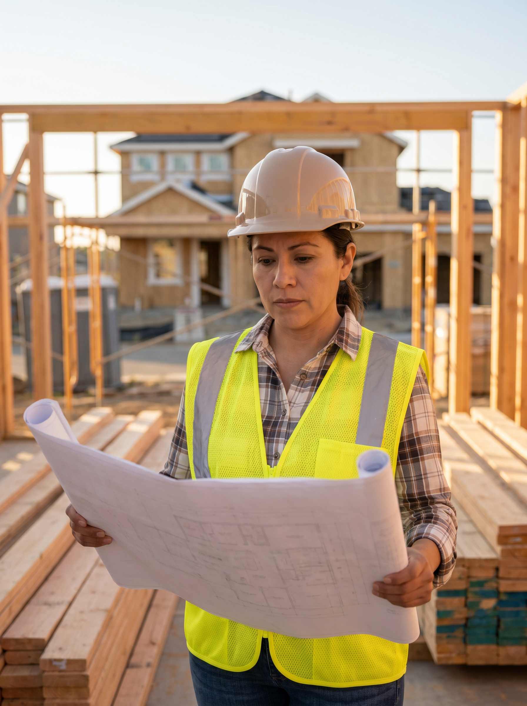 Hispanic woman construction professional in a safety vest reviewing project plans on site